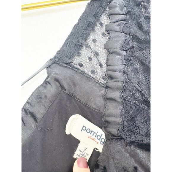 Anthropologie Porridge Black Velvet Lace Up Back Top Small Swiss Dot Puff Sleeve - Picture 5 of 12